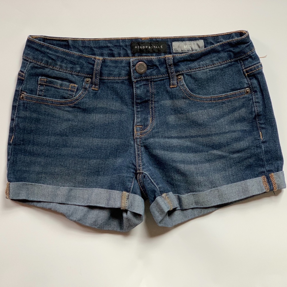 Aeropostale Dark Wash Midi Cuffed Denim Shorts Size 4 EUC